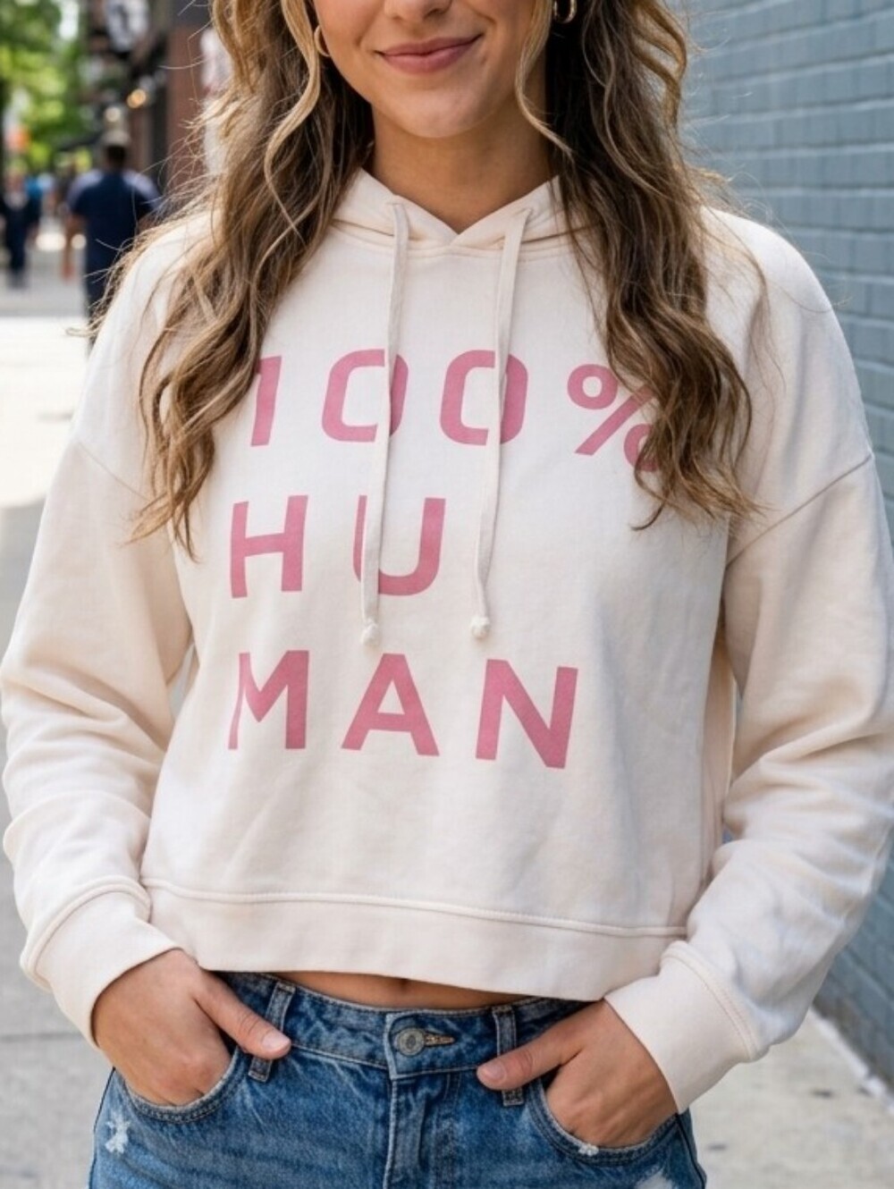 Everlane 100% Cotton Size  XL For 100% Human Cream Hoodie with Pink Lettering,